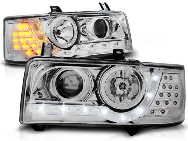 LED Tagfahrlicht Design Scheinwerfer für VW T4 90-03  chrom mit LED Blinker